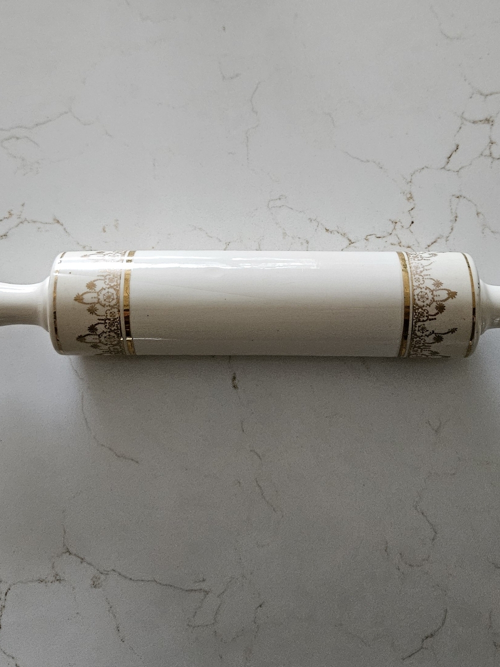 Vintage Harker White Ceramic Rolling Pin with Gold Filigree